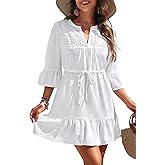 Swimsuit Cover Up - Bathing Suit Swim Coverup Women 2025 Lace V Neck Ruffle Beach Dress