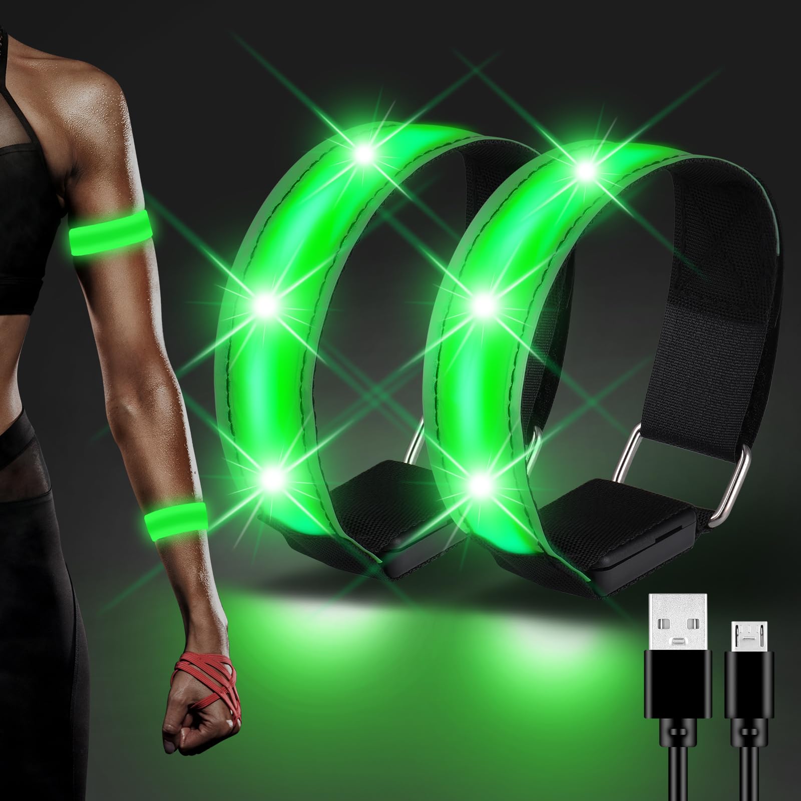 JIZZU 2Pack Armband Running Light Rechargeable, Light Up Armband High Visibility, LED Reflective Running Armband Light Night Safety, Led Armbands for Running, Rechargeable LED Armbands for Runners