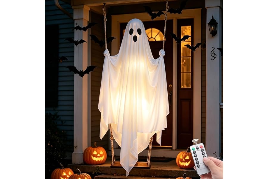Halloween Hanging Ghost Decorations, 5FT Swinging Ghost with Remote Lights | Remote Control with 8 Lighting Modes and LED Lights for Spooky Outdoor Halloween Decor on Porch Yard Garden Lawn