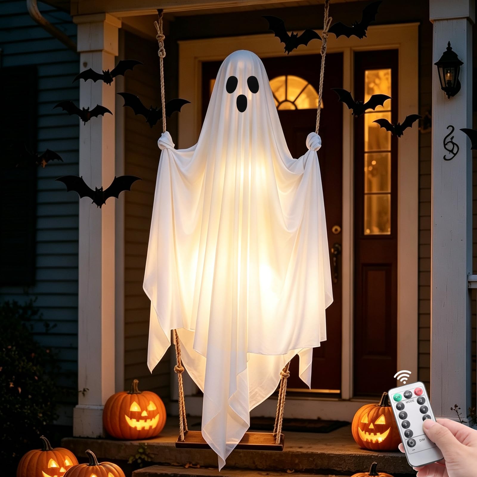 Halloween Hanging Ghost Decorations, 5FT Swinging Ghost with Remote Lights | Remote Control with 8 Lighting Modes and LED Lig