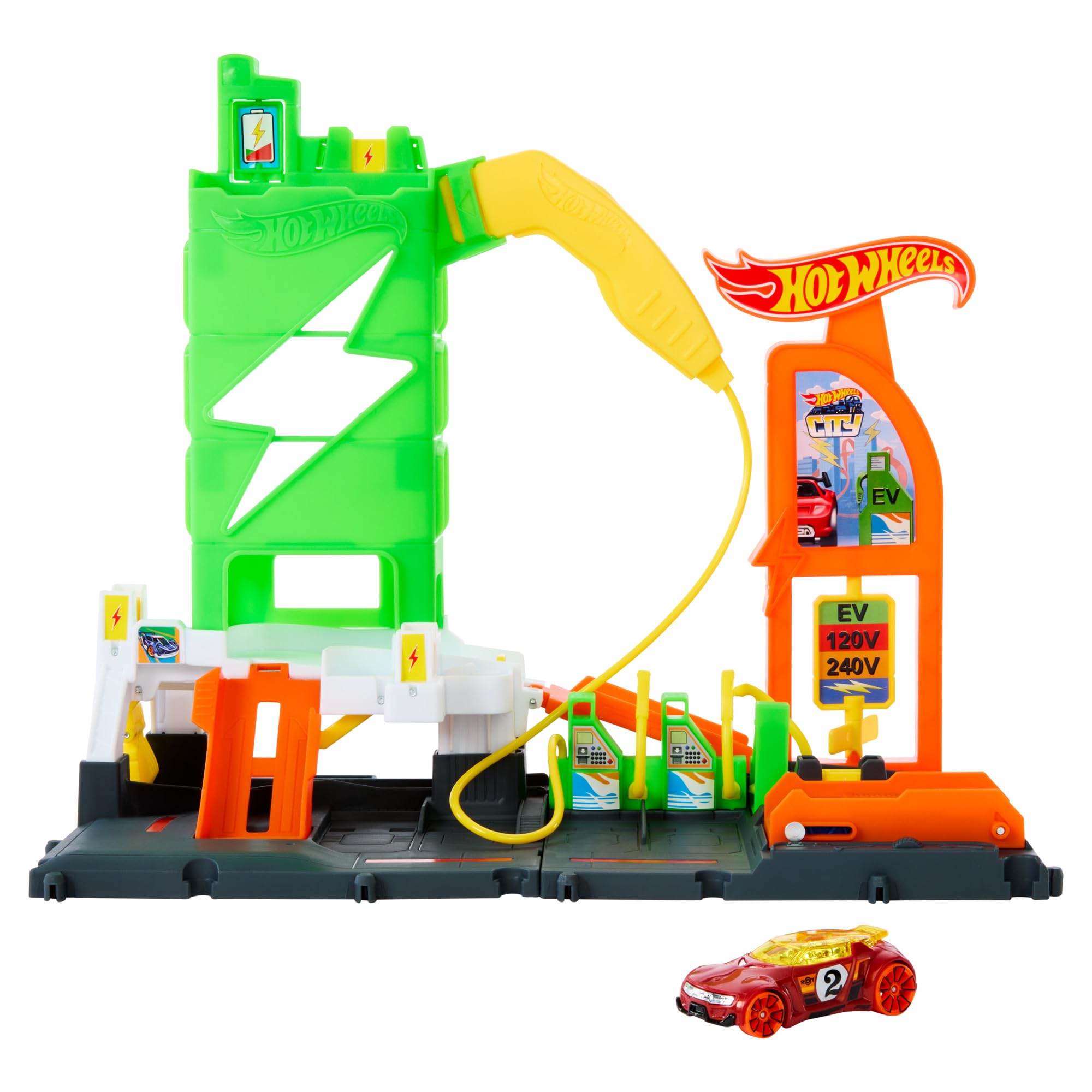 Hot Wheels Let's Race Netflix - City Super Recharge Fuel Station Playset with EV Chargers and 1:64 Scale Toy Car, HTN79