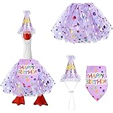 Fukaisu Porch Goose Birthday Outfit, Cute Birthday Goose Costume Hat & Tutu Skirt & Bandana for 23" 17" Cement Geese Funny Clothes for Outdoor Patio Yard Lawn Decoration (Purple)