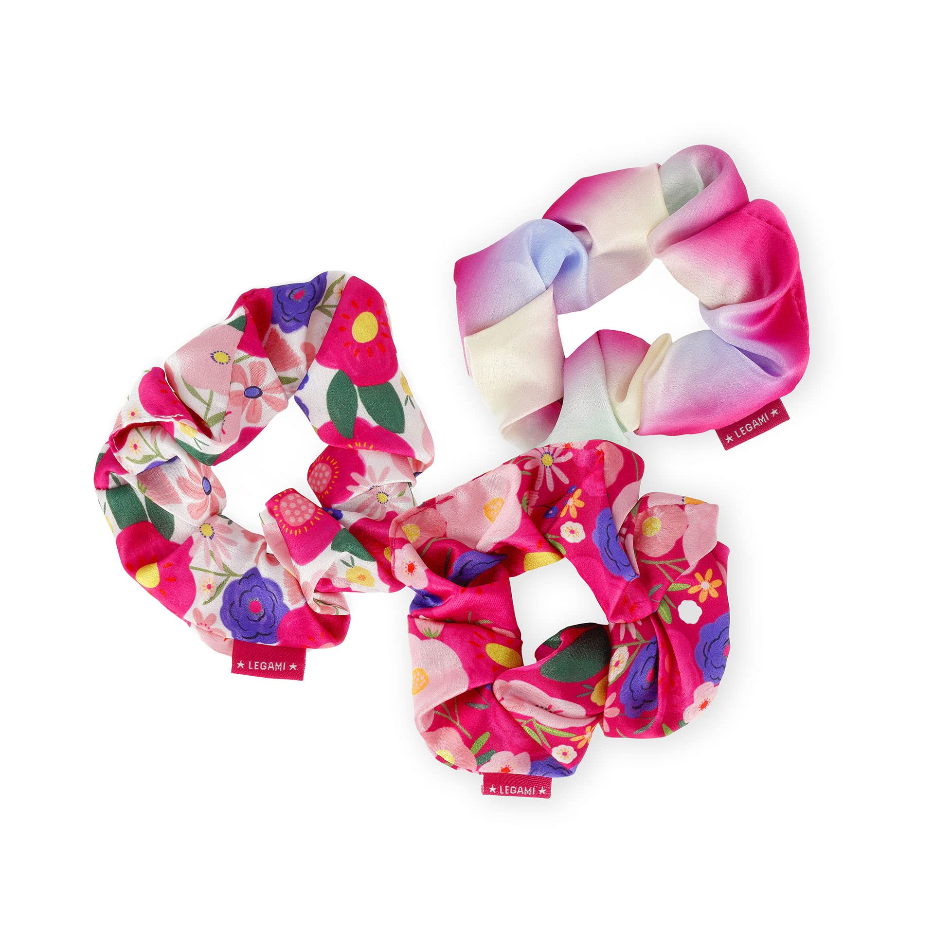 Legami - Set of 3 Hair Elastics, Satin Scrunchies, soft, Ø 11.5 cm, Flowers Theme