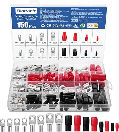 Flintronic 150Pcs Battery Ring Terminal Set Copper Tin Plated SC6-25 6-8