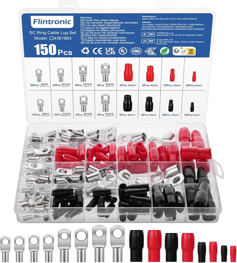 Flintronic 150Pcs Battery Ring Terminal Set Copper Tin Plated SC6-25 6-8