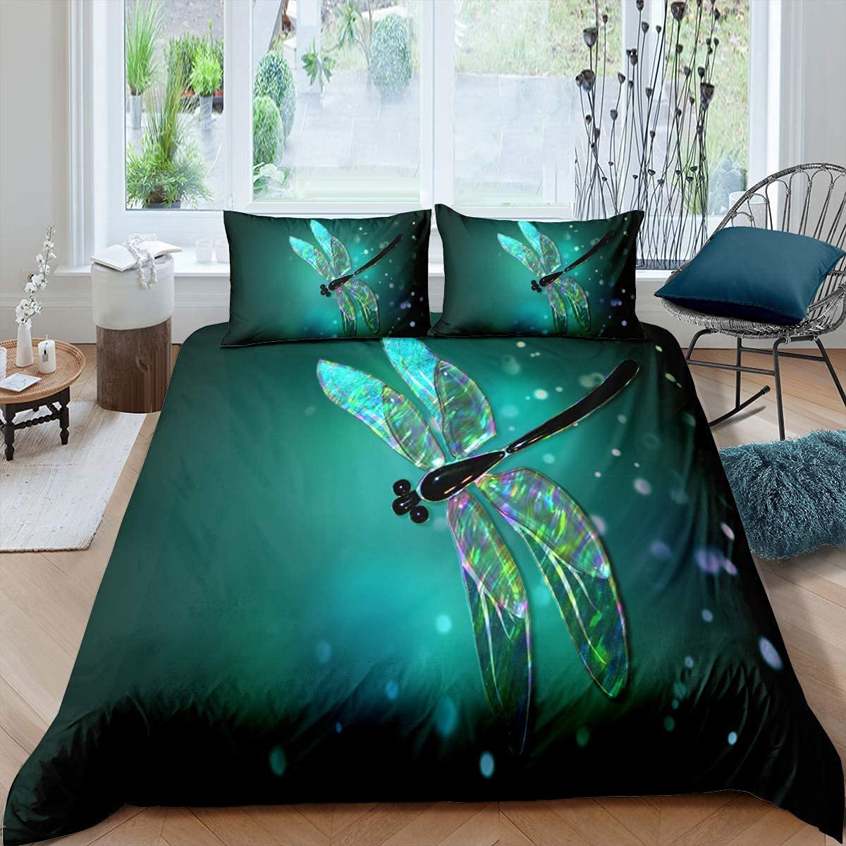 Homemissing Dragonfly Duvet Cover Set Ultra Soft Dragonfly Comforter Set for Kids Women Adults Teal Dragonfly Bedding Set Nature Home Quilted Set Turquoise King Size