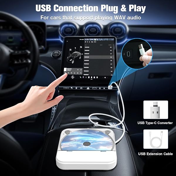 PORTABLE CD PLAYER FOR CAR WITH USB & AUX – UNIVERSAL EXTERNAL CD DRIVE WITH ANTI-SKIP, USB EXTENSION CABLE, PLUG & PLAY FOR VEHICLE, LAPTOP, TV – COMPATIBLE WITH ANDROID 4.4+