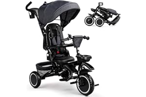 TODEFULL Folding Kids Tricycle, 8 in 1 Baby Trike W/Removable & Adjustable Canopy, Parent Handle, 5-Piont Safety Harness, Toddler Bike Stroller for Kids 1-6 Years, EVA Wheels, Storage Basket, Grey