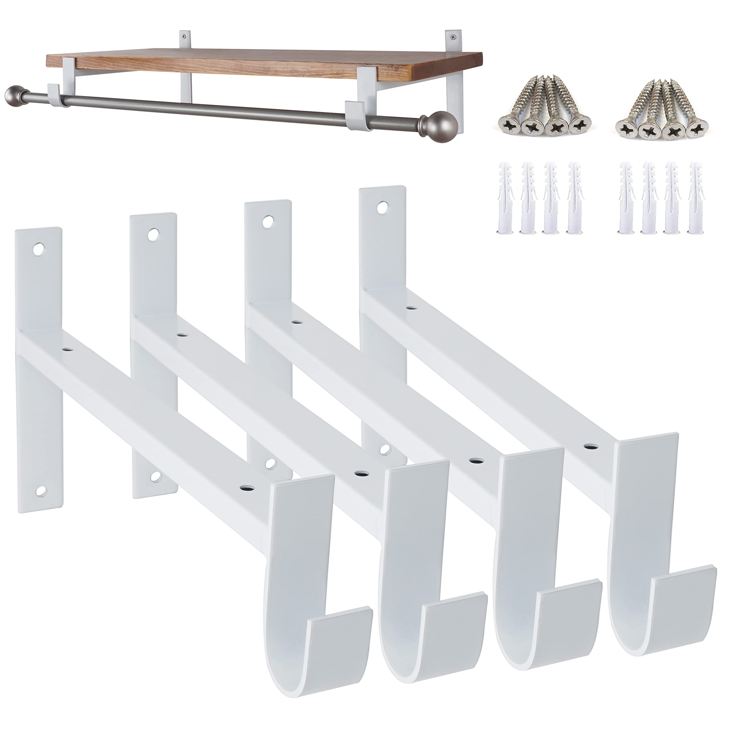 Photo 1 of AddGrace Closet Rod Bracket Heavy Duty Shelf Brackets 12 Inch White Wall Mounted Closet Rod Support with Pole Holder Industrial Iron Shelving Supports with Hook (4 Pack)