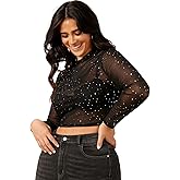 WDIRARA Women's Plus Size Sheer Mesh See Through Mock Neck Rhinestone Crop Top