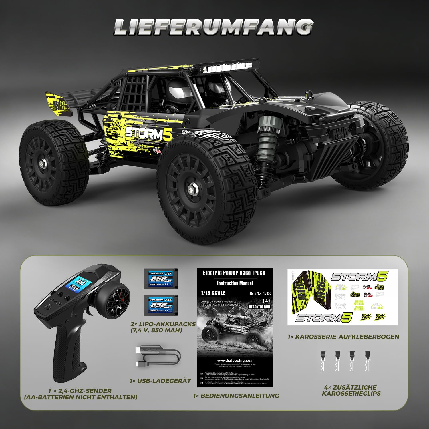HAIBOXING 18856 1:18 4WD Ferngesteuertes Auto Offroad Monstertruck, 36 km/h Hochgeschwindigkeits RC Auto, Wasserdichter Geländewagen mit 2 Akkus, Spielzeug für Kinder und Erwachsene 8