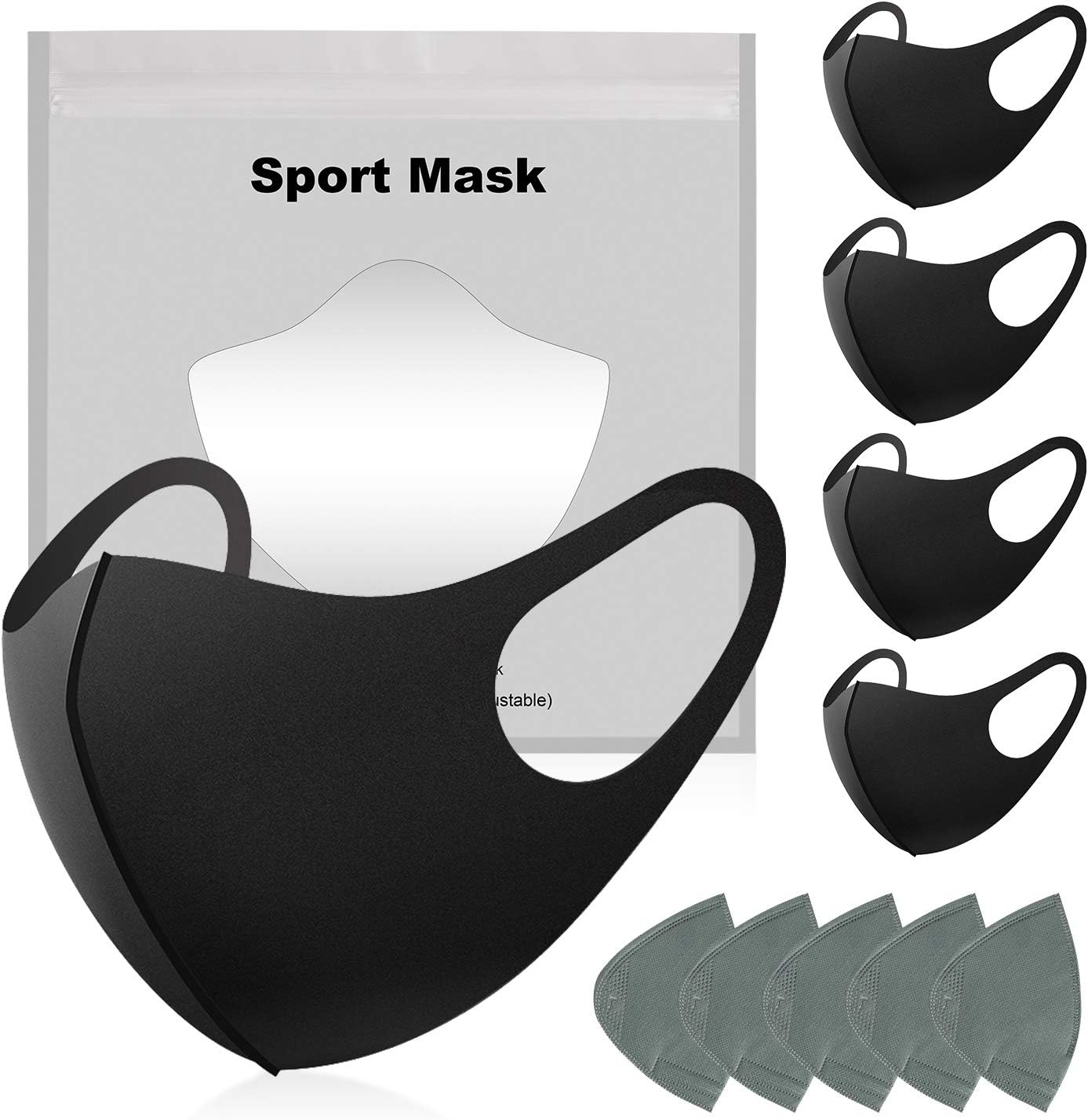 5 Pack Face Masks, 5 Replacement Reusable Mask Filter, Air Filtration Mask Anti Dust Face Mouth Masks Particulate Mask for Smoke, Black Face Mask for Cycling, Sport, Travel, Daily Life