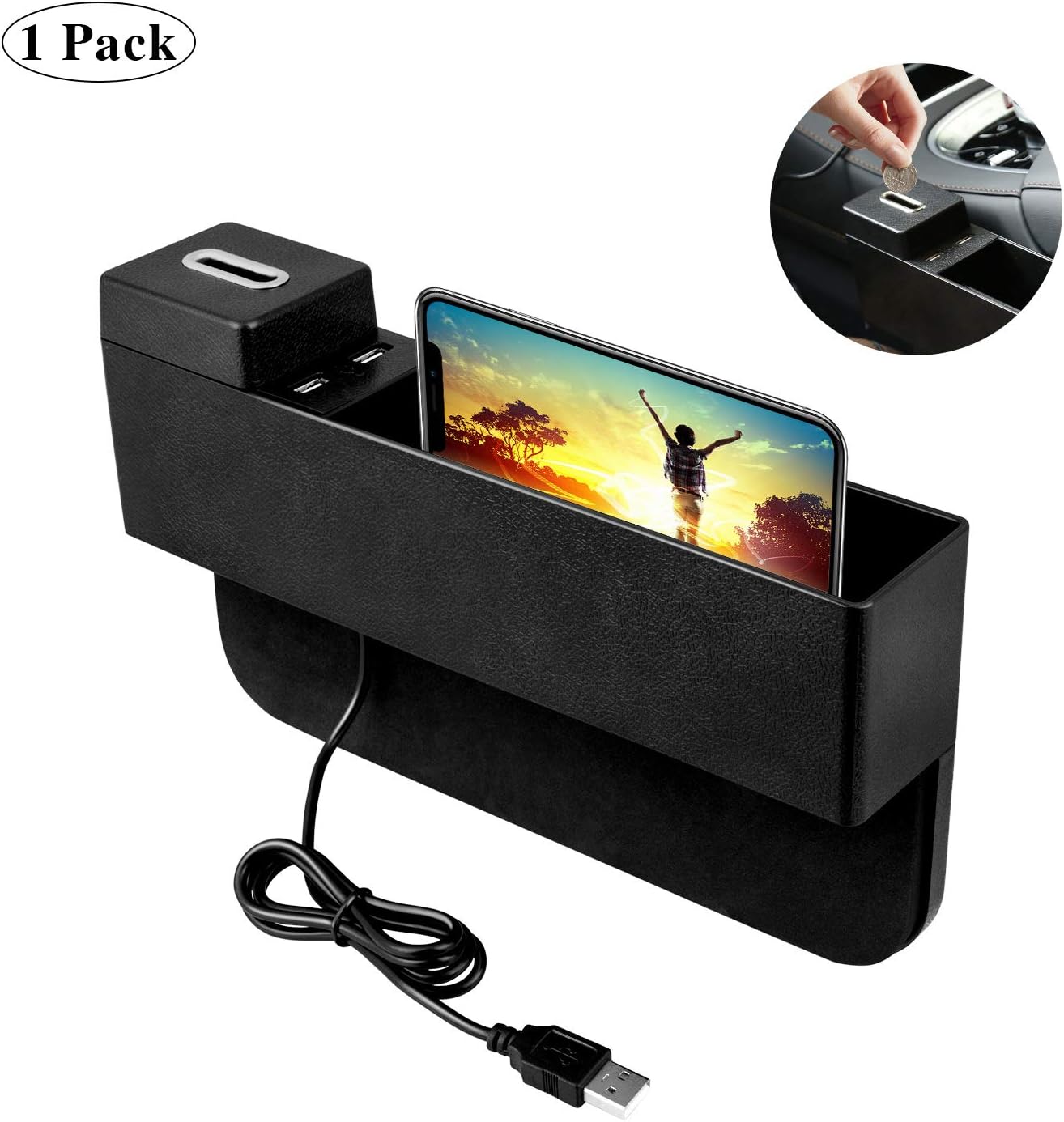 AUTMOR Car Gap Filler,Car Gap Organizer,Center Console Organizer,Car Seat Side Pocket Organizer with Coin Box and 2 USB Charging Hub for Cellphones, Suitable for Gaps Between 1 cm and 2 cm, 1 Pack