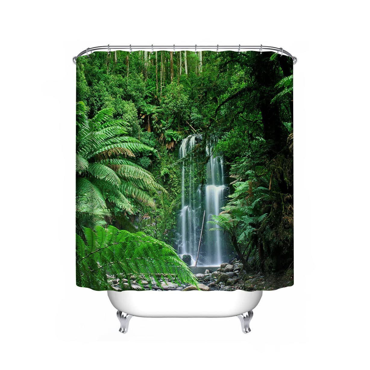 Tropical Jungle Rainforest Shower Curtain, Green Palms Tree Nature Landscape Waterfall Scenery Polyester Fabric Bathroom Decor, 180 x 180 cm