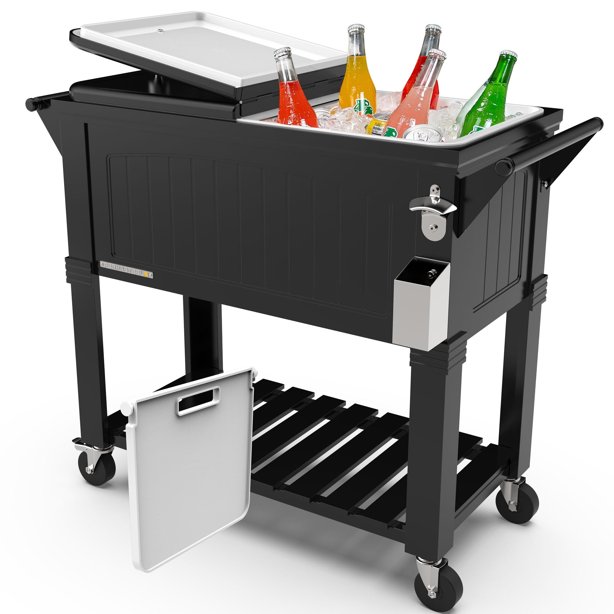 Permasteel Party Cooler with Divider, Spacious 80-Qt Capacity, Chills 36hrs, Serving Tray, Rolling Ice Chest for Indoor and Outdoor Entertainment, Matte Black Image