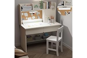 NKUGCFC White Wooden Kids Study Desk and Chair Set, Childrens Desk with Light and Paper Roll Rack,2 Drawers,Storage Cabinets and 3 Storage Open Shelves,Boys & Girls Study Desk for Bedroom and Kidsroom