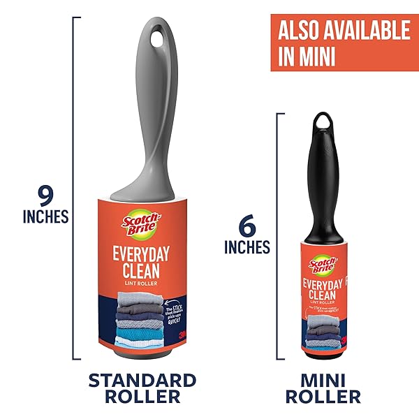 SCOTCH-BRITE EVERYDAY CLEAN LINT ROLLER, 3 PACK, LINT REMOVER FOR PET HAIR, DARK CLOTHES, FURNITURE, AND DUSTY SURFACES, PICKS UP FUR & FLUFF IN YOUR HOME, CAR & OFFICE, 300 ADHESIVE SHEETS TOTAL