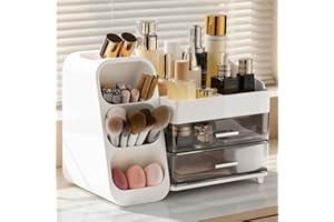 Delamu Makeup Organizer Countertop, Spacious Cosmetic Display Case with Makeup Brush Holder, Perfect Vanity Bathroom Organizer and Storage, Ideal Christmas Gifts for Women Girls, White