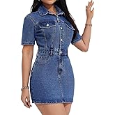 Lachmose Women's Denim Dress Short Sleeve Jean Dress Button Down Babydoll Denim Shirt Dresses