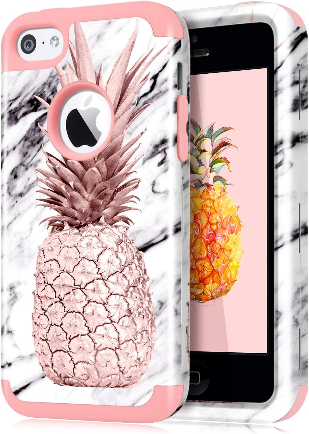 Dailylux Shockproof Case for iPhone 5 / 5C / 5S / SE, PC + Soft Silicone Three Layers Armor Anti-Slip Protective Defensive Hard Back Cover, Marble Pineapple