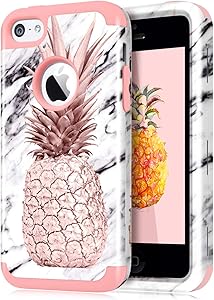 Dailylux Shockproof Case for iPhone 5 / 5C / 5S / SE, PC + Soft Silicone Three Layers Armor Anti-Slip Protective Defensive Hard Back Cover, Marble Pineapple