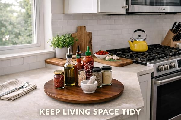NABYTOK 21″ ACACIA WOOD TURNTABLE ORGANIZER | LAZY SUSAN FOR TABLE TOP, CABINET OR PANTRY | WOODEN ROTATING TRAY FOR KITCHEN COUNTERTOP, DURABLE, EASY TO CLEAN, NO ASSEMBLY NEEDED