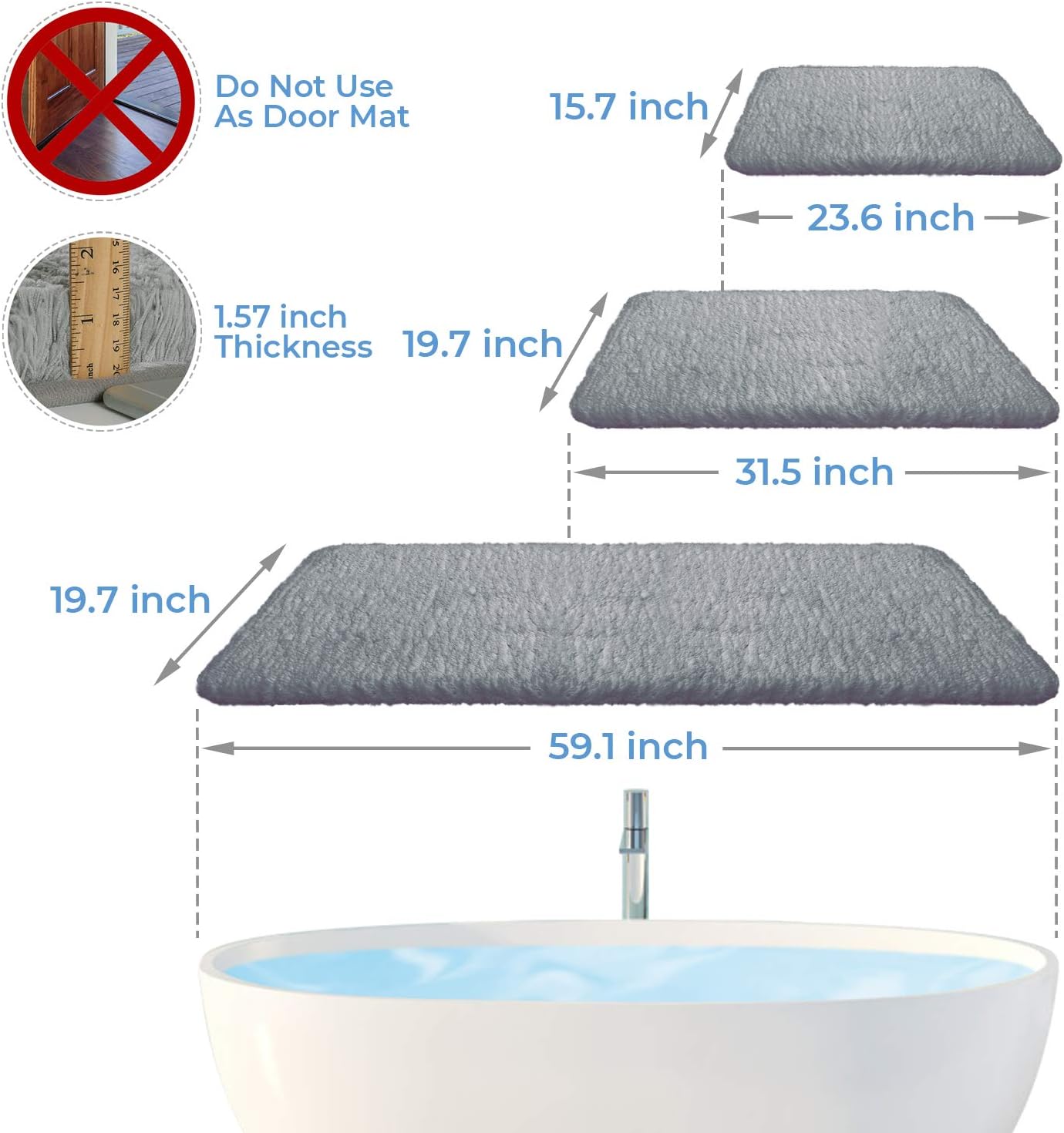Lifewit Bathroom Runner Rug Bath Mat 59"x20" Non-Slip Soft Long Shower Rug Plush Microfiber Water Absorbent Carpet Thick Shaggy Luxury Floor Mats, Machine Washable, Grey: Home & Kitchen
