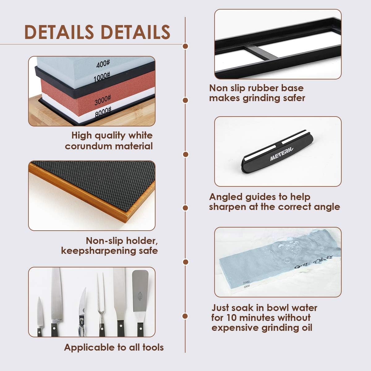 Sharpening Stone Set, Meterk Whetstone 4 Side Grit 400/1000 3000/8000 Knife Sharpening Kit with Bamboo Base, Non-Slip Rubber Base and Angle Guide: Kitchen & Dining