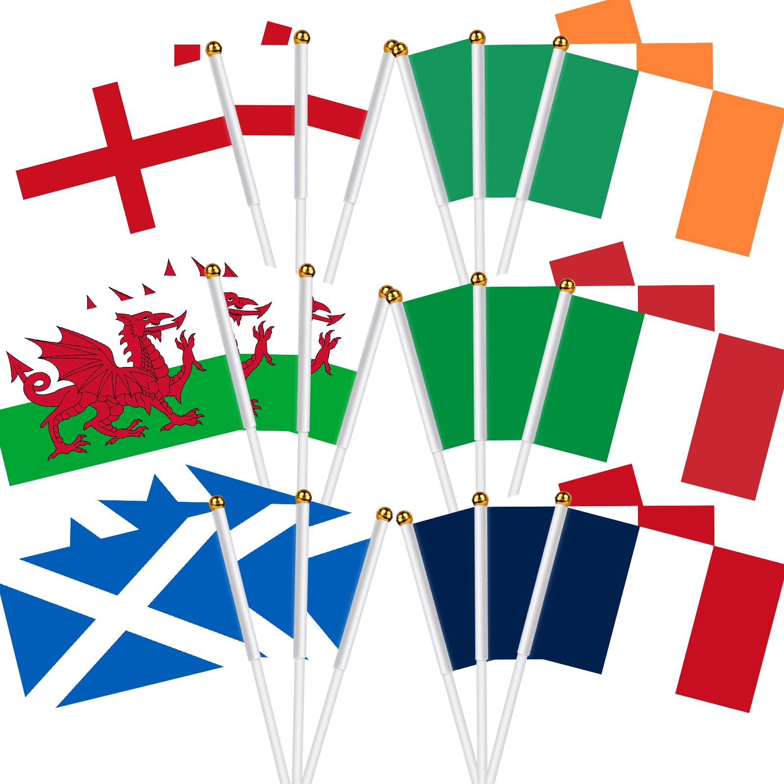 AhfuLife 18Pcs Six Nations Flags on Sticks for Rugby Party Decoration, 14 x 21cm Flags with 30cm White Pole, Fabric Handheld Flags of England, Scotland, Wales, Ireland, France, Italy for Decorations
