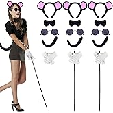 18 Pcs Halloween Mouse Costume Accessories Set, Mouse Headbands Ears Blind Cane Bow Tie Tail White Gloves Round Sunglasses