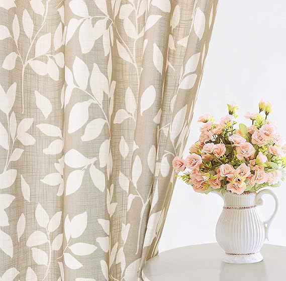 Leaf Print Semi Sheer Curtains for Living Room 55" x 63" White and