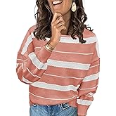 ANCAPELION Women's Color Block Sweaters Long Sleeve Crewneck Pullover Cozy Knitted Striped Jumper Tops