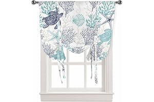 RisQiten Teal Blue Coastal Tie Up Curtains 45 Inches Long, Summer Beach Nautical Kitchen Window Over Sink, Sea Turtle Coral Shade Balloon for Bedroom/Cafe 34"x45"