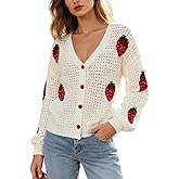 Womens Cute Strawberry Embroidered Cardigan Sweater Fall Button Down Long Sleeve Chunky Knit Sweaters Top