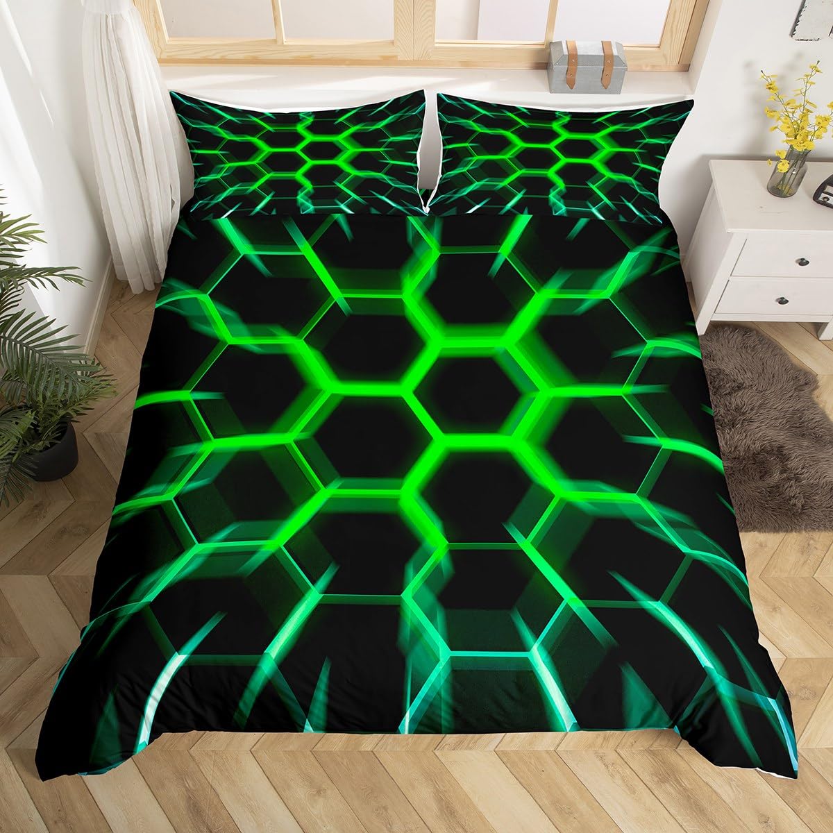 Homewish Honeycomb Bedding Set Black Green 3D Geometric Beehive Hexagon Duvet Cover King Gamer Room Decor for Boys Men Teen,Neon Light Geometrical Honeycomb Comforter Cover Glowing Hexagonal Bed Set… — image 1