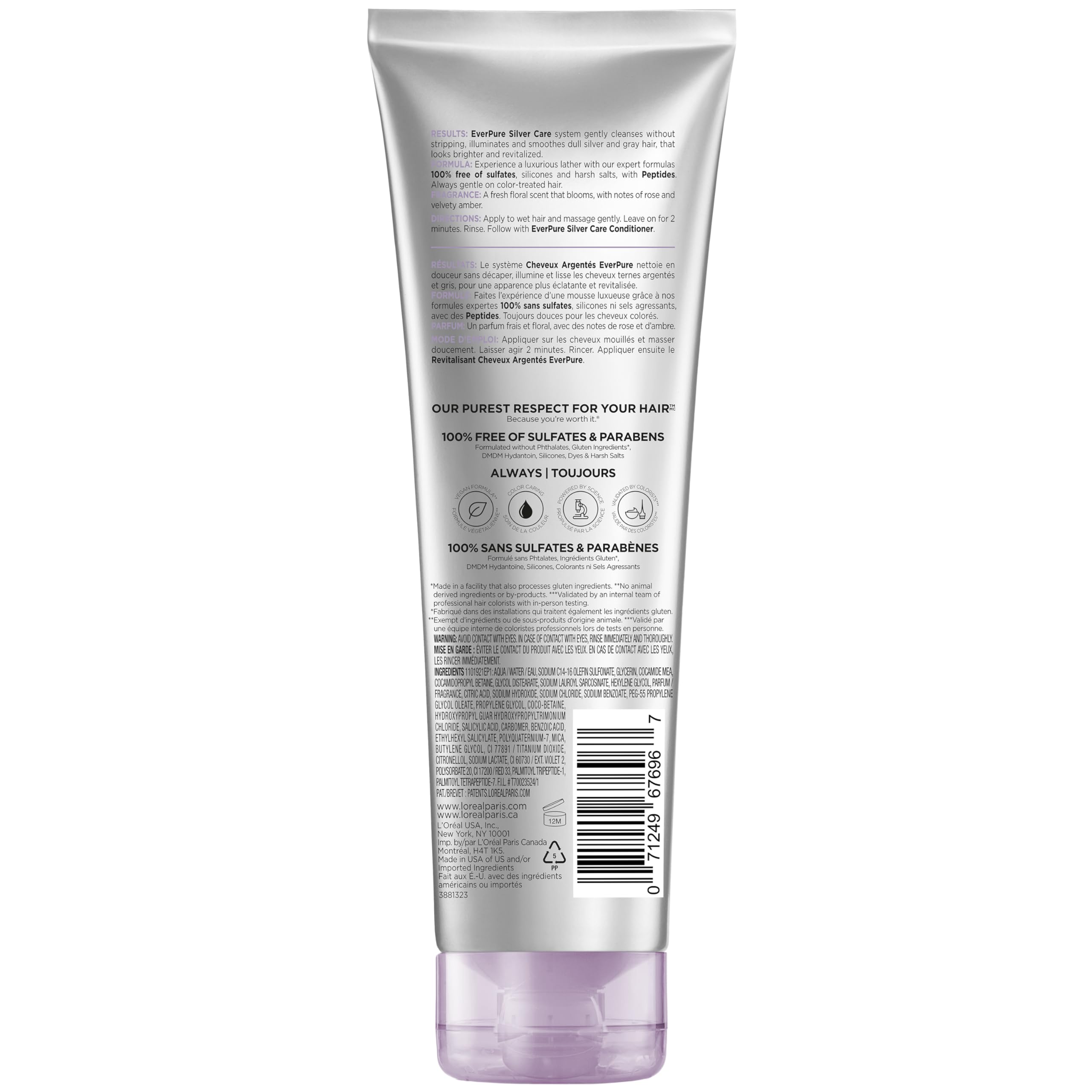 L'Oreal Paris EverPure Brightening and Nourishing Shampoo for Gray Hair, Sulfate-Free Vegan Formula with Peptides, 8.5 Fl Oz