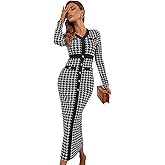 WDIRARA Women's Houndstooth Plaid V Neck Split Hem Belted Button Long Sleeve Bodycon Church Pencil Maxi Dress