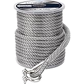 YOUNG MARINE Made 3/8 Inch 100FT 150FT Premium Solid Braid MFP Anchor Line Braided Anchor Rope/Line with Stainless Steel Thimble and Shackle, Grey (3/8" x 100')