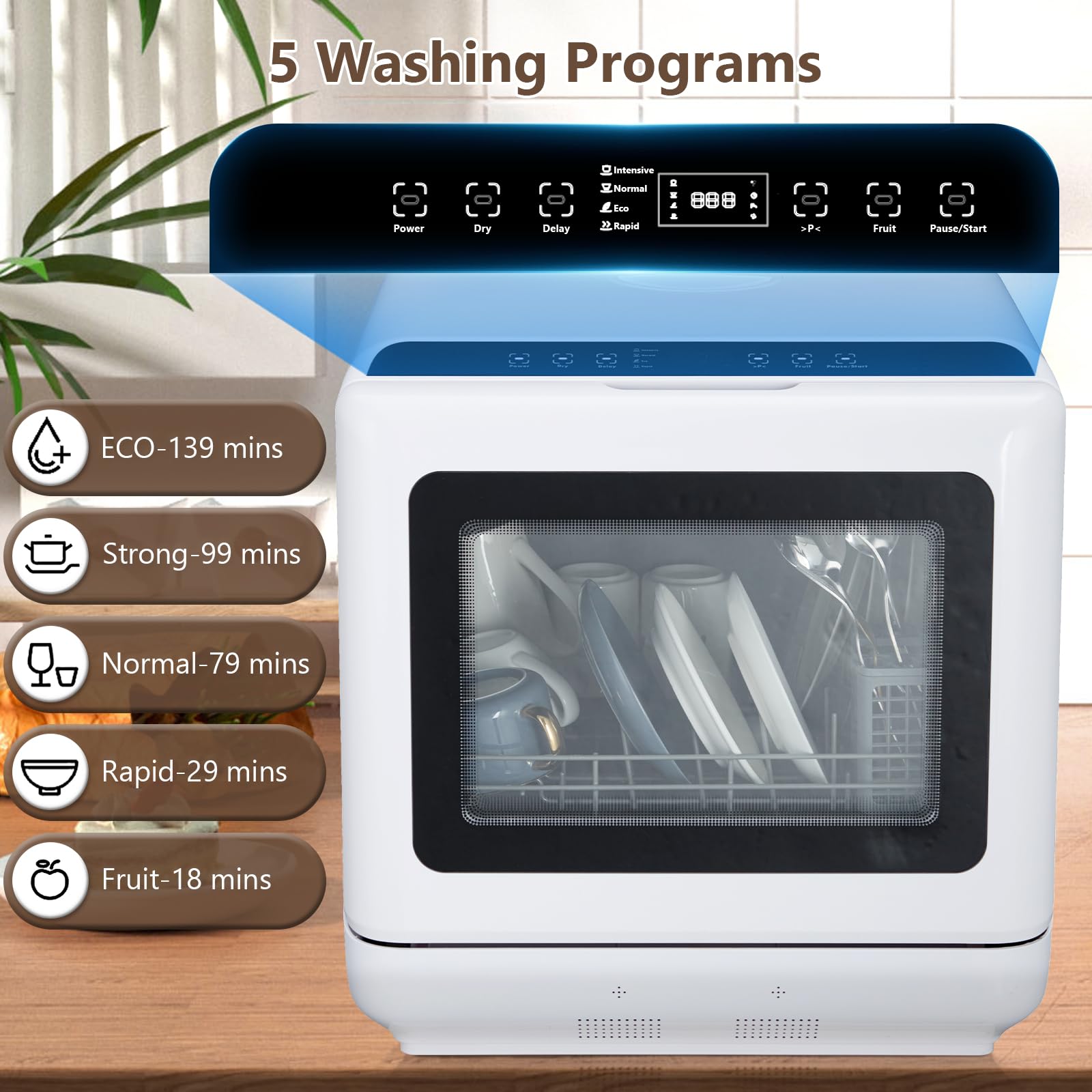Countertop Dishwasher, Portable Mini Dishwasher with 5 Washing Programs & 5-Liter Built-in Water Tank, Compact Dishwasher Glass Door, No Hookup Needed, Air-Dry Function, Dishwasher for Apartment, RV