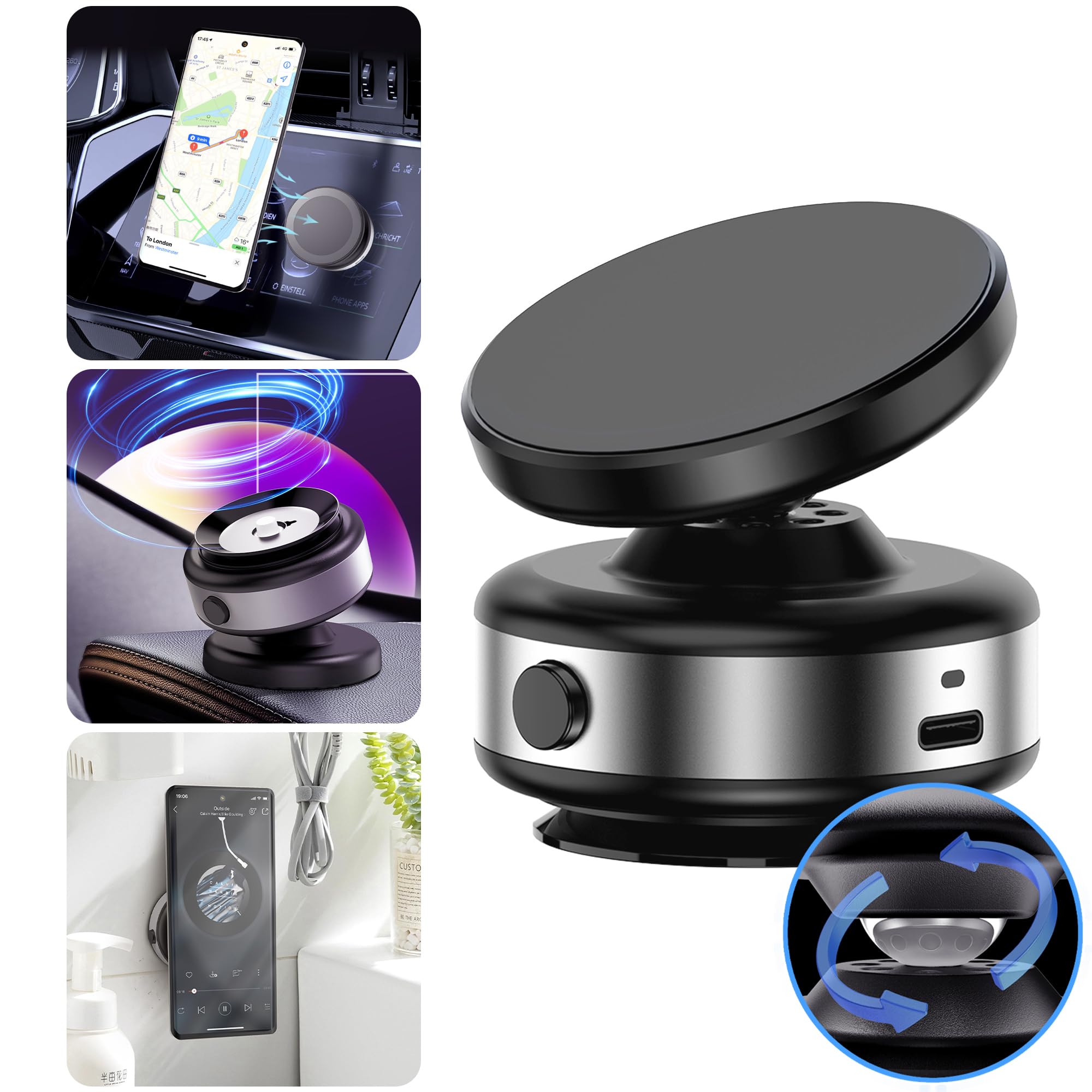 Foluu Car Magnetic Phone Holder, 360° Rotatable Car Navigation Holder, Double-sided Magnetic & Vacuum Adsorption, for Windshield, Dashboard, Kitchen, Bedroom, Office, Multifunctional Phone Accessories