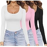 Ekouaer Womens 3 Pack Long Sleeve Shirts Scoop Neck Tops Stretch Fitted Undershirt Lightweight Basic Thermal Tee XS-XXL