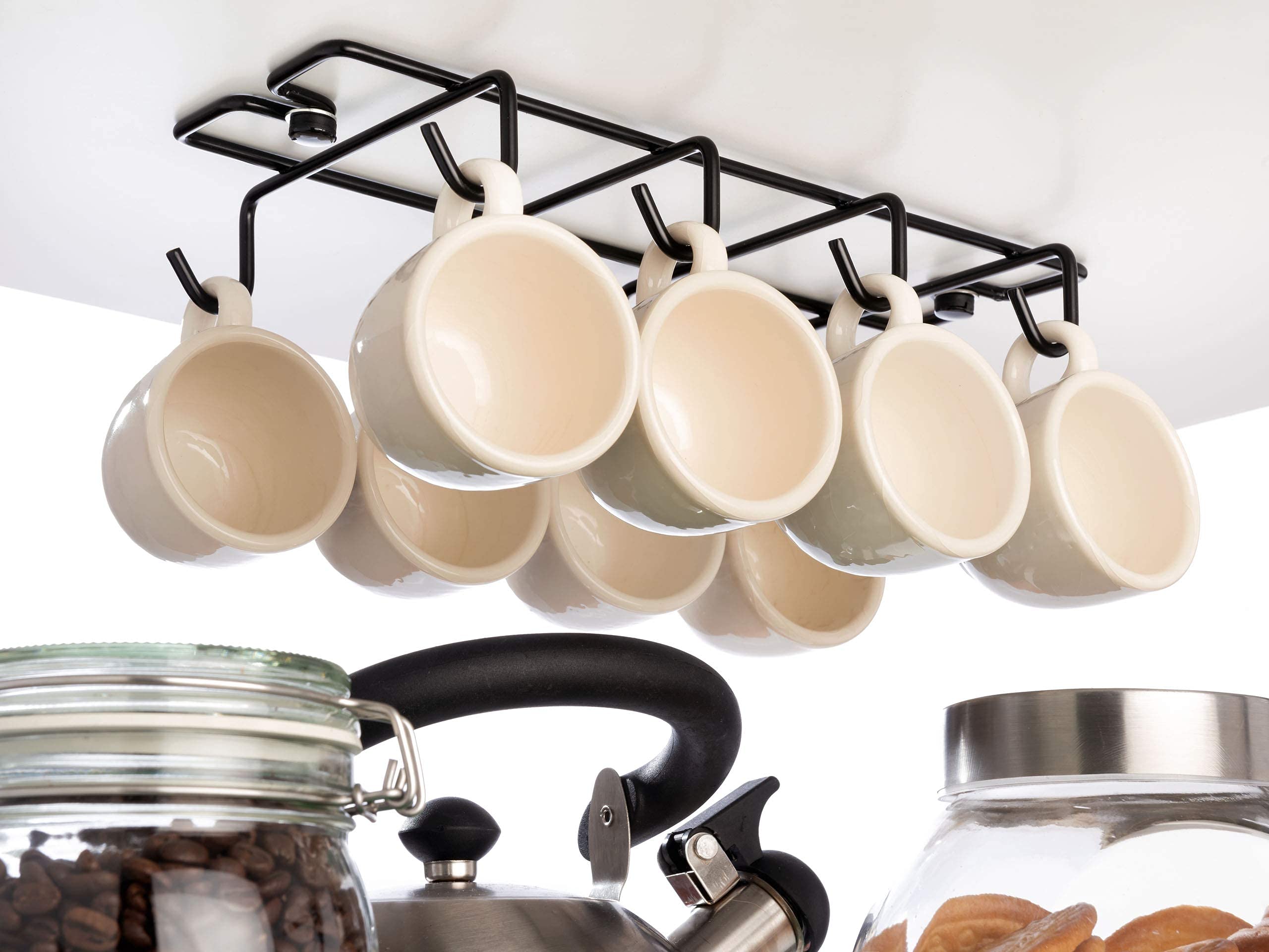 Vardesign Cup Hooks for Kitchen Cupboard Mug Hanger Under Shelf 8 Hooks Cup Holder Organiser for Storage Screw Fitting Under Cabinet (Black)
