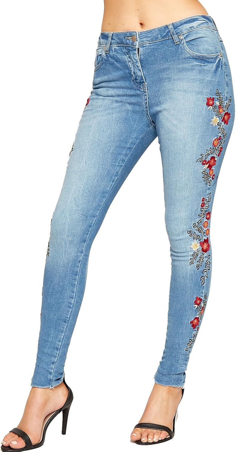 Wearall Womens Stonewash Embroidered Denim Jeans Ladies Red Rose Skinny Leg New Blue 14 Amazon Co Uk Clothing