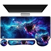 Gaming Mouse Pad, Large Desk Mat, Cute Desk Pad Protector, 4in1 XXL Mousepad + Keyboard Wrist Rest+Mouse Wrist Rest+Coaster Set with Ergonomic Desk Pad for Home Office Table Computer, Galaxy Space