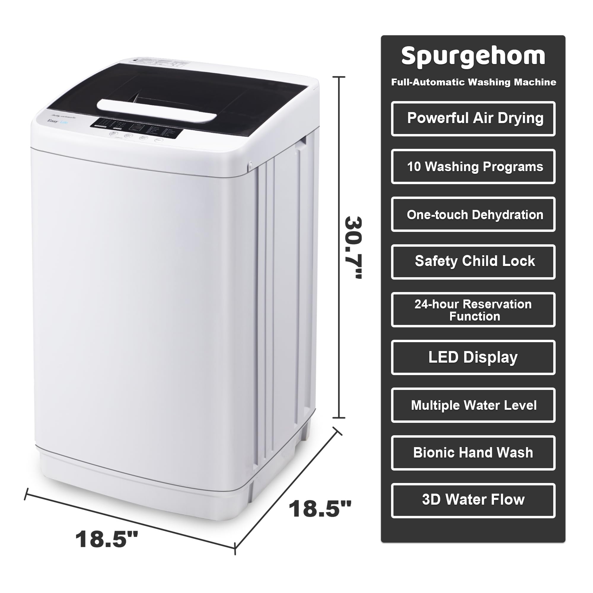 Spurgehom Portable Washing Machine, 15.6 lbs Full Automatic Washing Machine Built- in Pump Drain, washer and dryer combo with LED Display, 10 Cycles, 8 Water Level, Laundry Machine for Apartment, Rv
