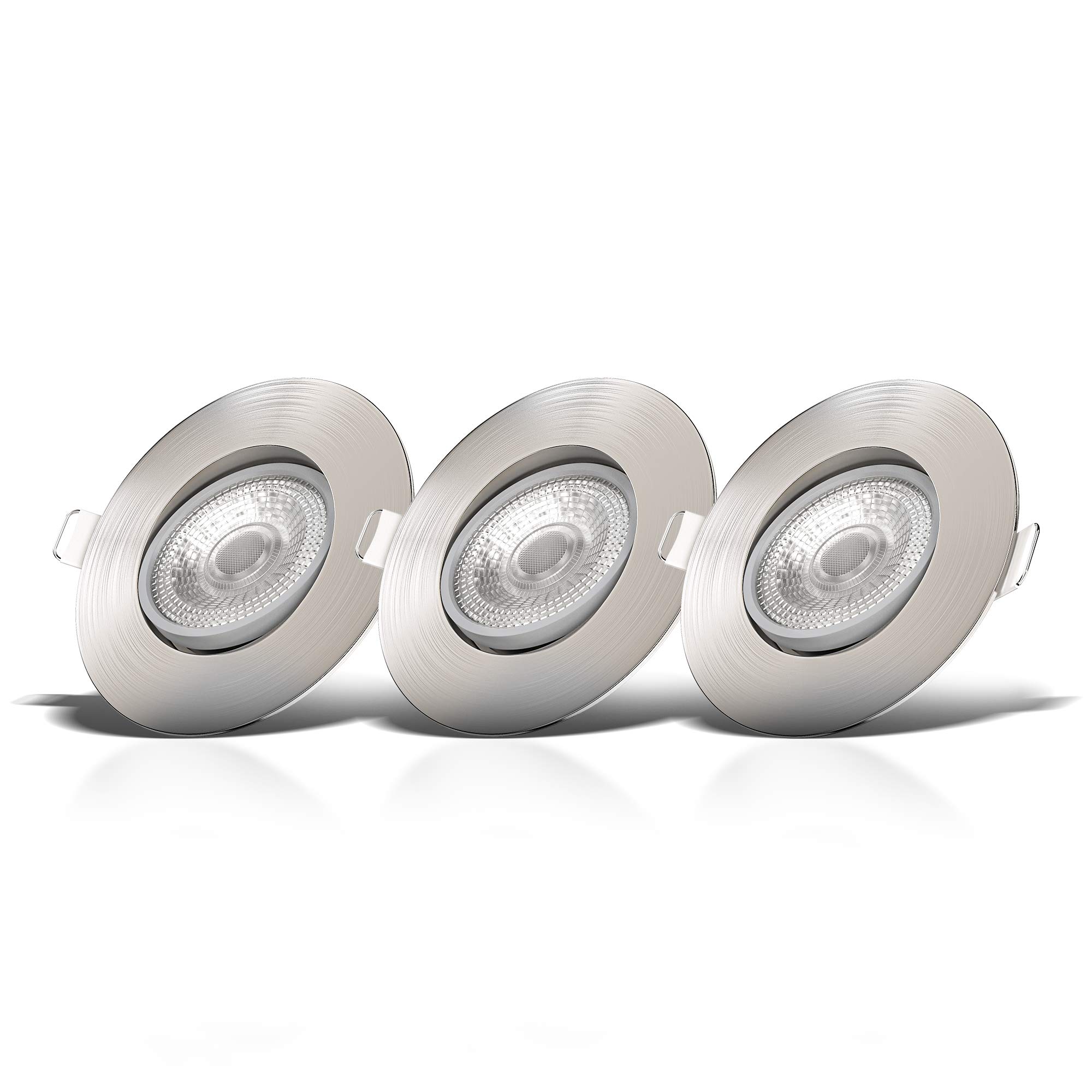 B.K.Licht - Set 3X LED Recessed Downlights 230V Adjustable, Dimmable, Downlight, Ceiling Spotlight, LED Lights, Spotlight, Recessed Spotlights, 68mm Cutout, 90X24 mm, Nickel Matt Colour