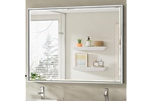 QueenFun 40 x 30 Silver Bathroom Mirror, Large Beveled Silver Bathroom Vanity Mirror, Shatterproof Silver Rectangle Mirror, Silver Metal Framed Mirror for Bathroom Wall, Anti-Rust(Vertical/Horizontal)