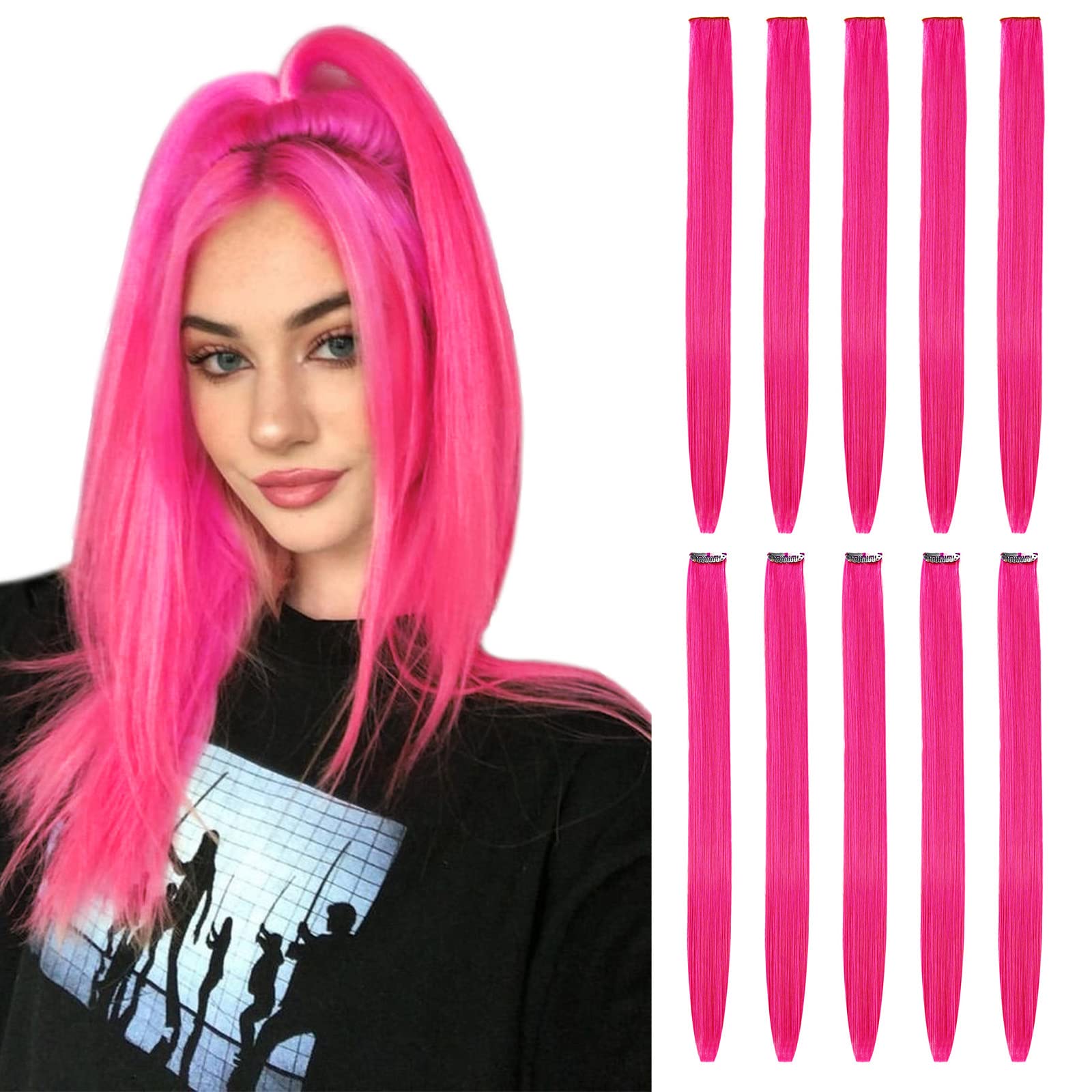 BEAUTY ON LINE 10 Pcs Clip in Hair Extensions, 22 Inch Colored Hair Extensions Party Highlights Long Straight Synthetic Hairpieces for Women/Kids/Girls(Pink Color)