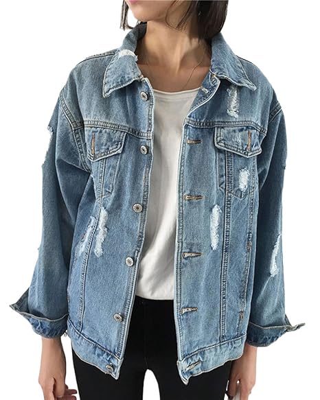 PengGeng Damen Casual Coole Boyfriend Große Größen Jeansjacke Lange Ärmel Denim Mantel