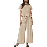 Dorwon Womens 2-Piece Ruffle Smocked Set Short Sleeve Peplum Top Wide-Leg Pants with Pockets